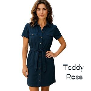 Teddy Rose Navy Belted Short Sleeve Shirt Dress NWT size S